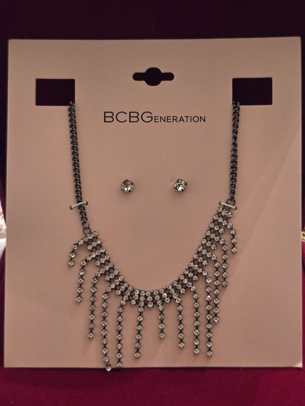 BCBGeneration Silver Fringe Crystal Necklace with Stud Earrings